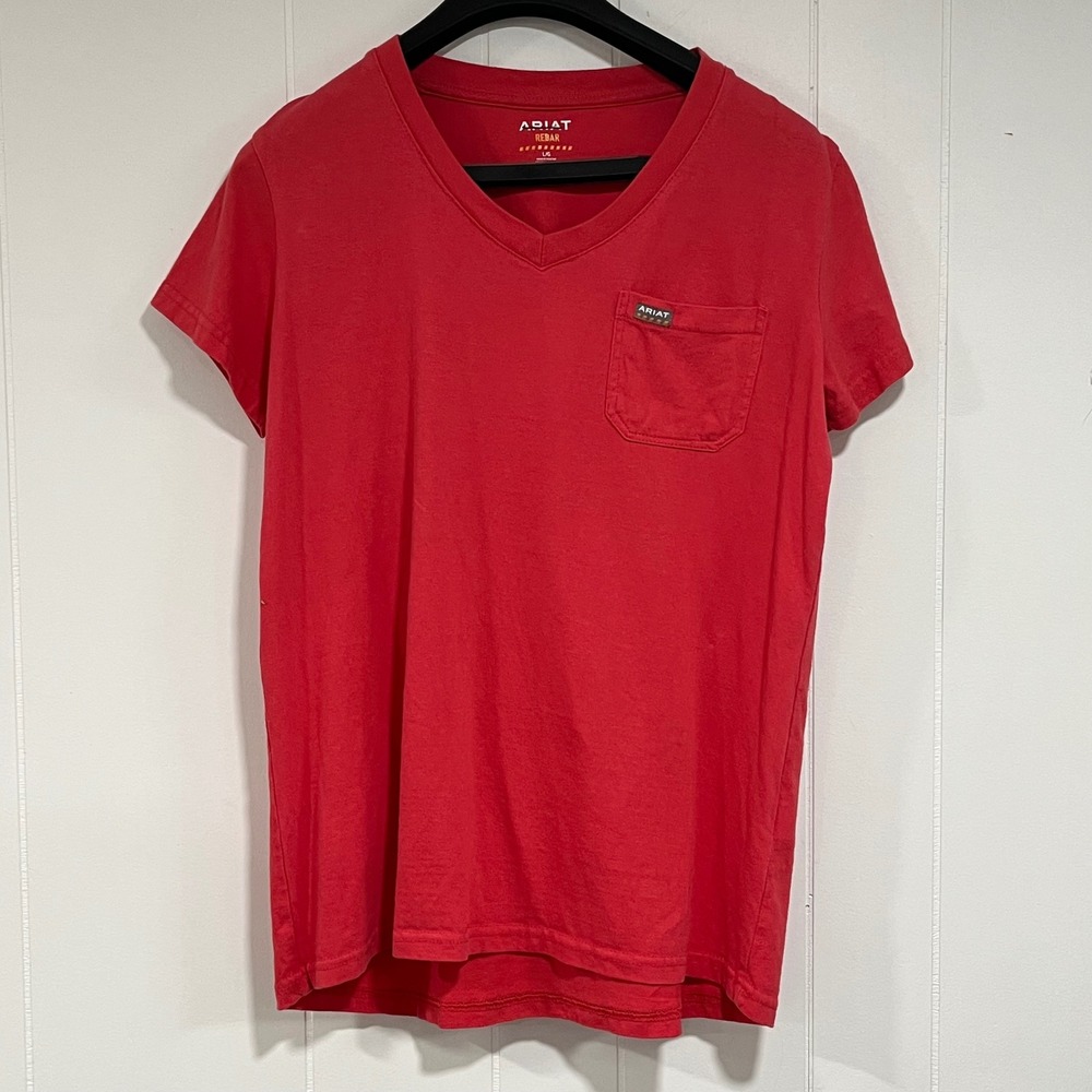 Ariat Rebar Mens V-Neck Pocket T-Shirt Red Short Sleeve Work Tee Size L